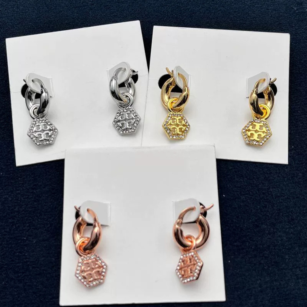 Tory Burch Gold Plated Copper Hexagonal Earrings Double Rhinestone